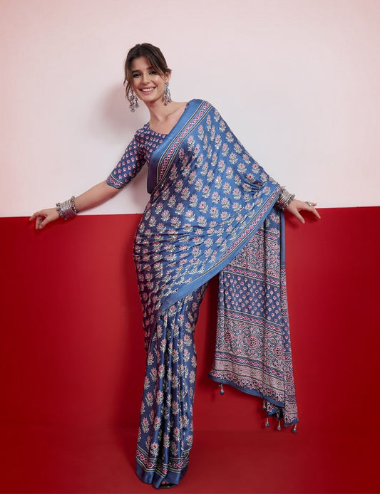 Blue Mirror Crepe Silk Ready To Wear/Easy Saree by Stylebypanaash 