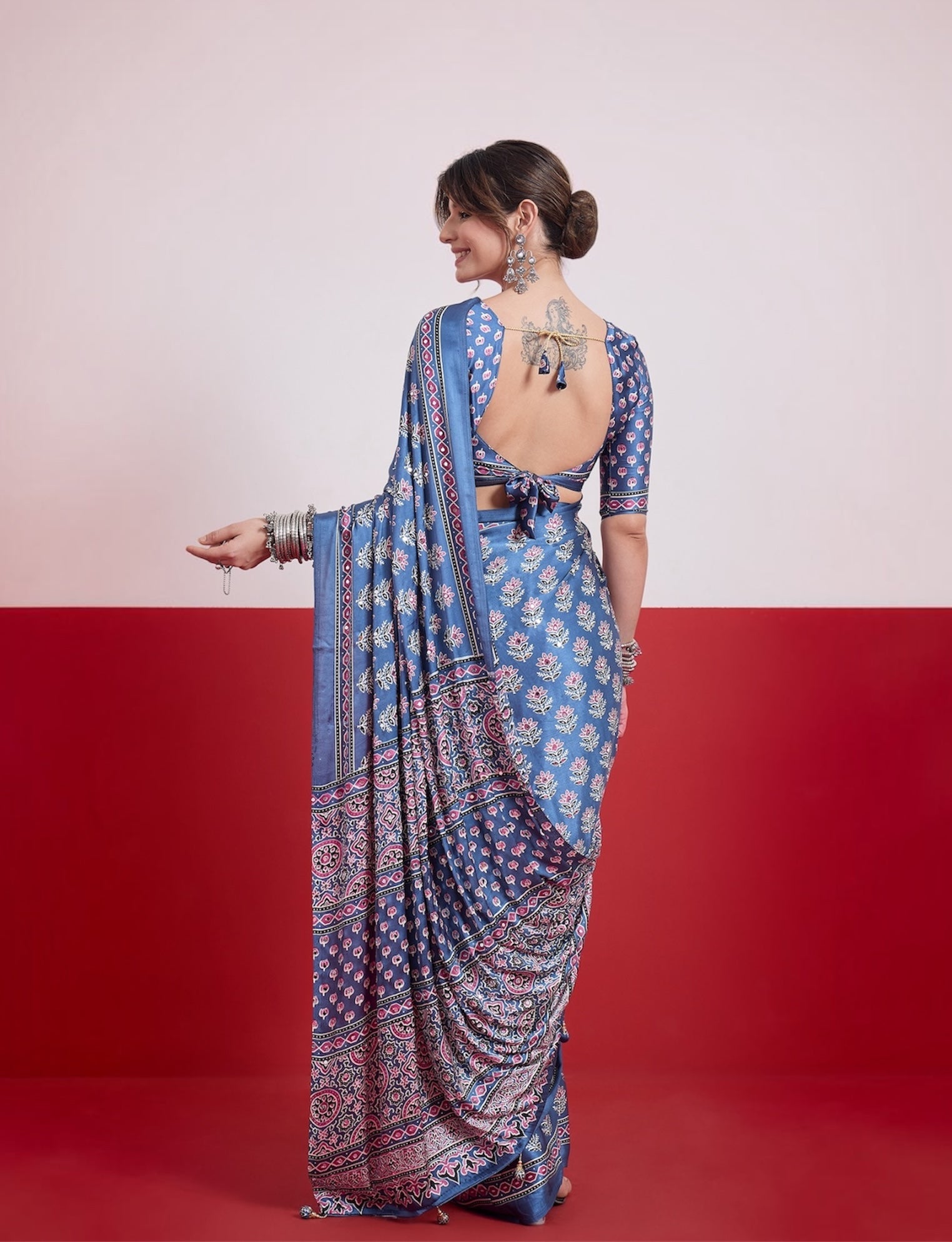 Blue Mirror Crepe Silk Ready To Wear/Easy Saree by Stylebypanaash 