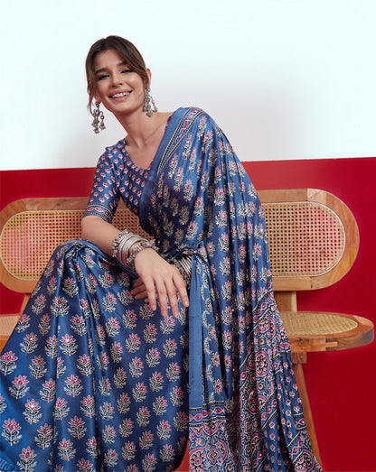 Blue Mirror Crepe Silk Ready To Wear/Easy Saree by Stylebypanaash 