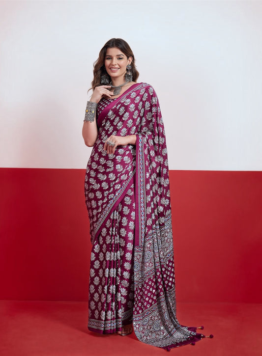 Magenta Mirror Crepe Silk Ready To Wear/Easy Saree sss 