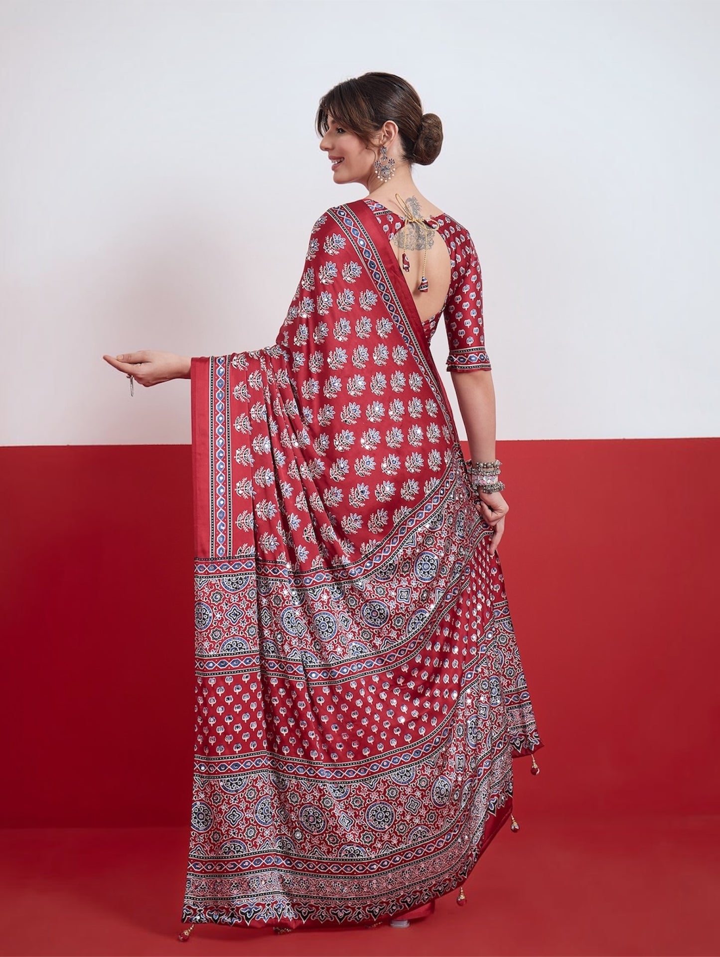 Red Mirror Crepe Silk Ready To Wear/Easy Saree by Stylebypanaash 