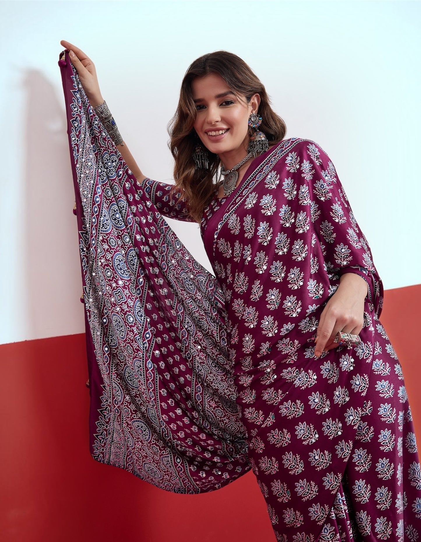 Magenta Mirror Crepe Silk Ready To Wear/Easy Saree by Stylebypanaash 