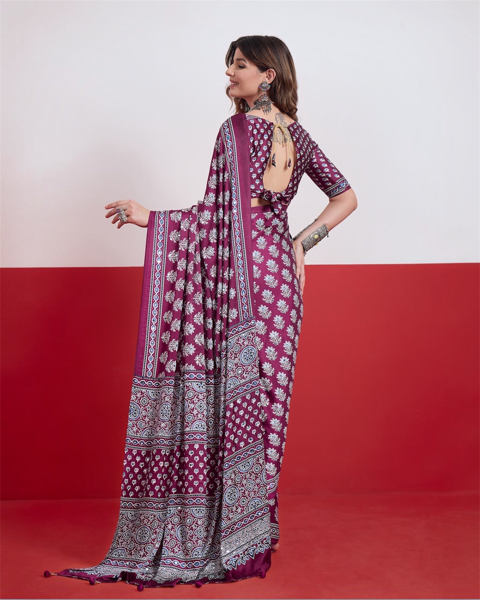 Magenta Mirror Crepe Silk Ready To Wear/Easy Saree by Stylebypanaash 