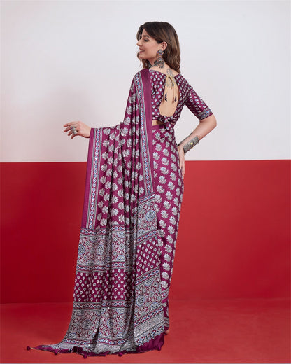 Magenta Mirror Crepe Silk Ready To Wear/Easy Saree by Stylebypanaash 
