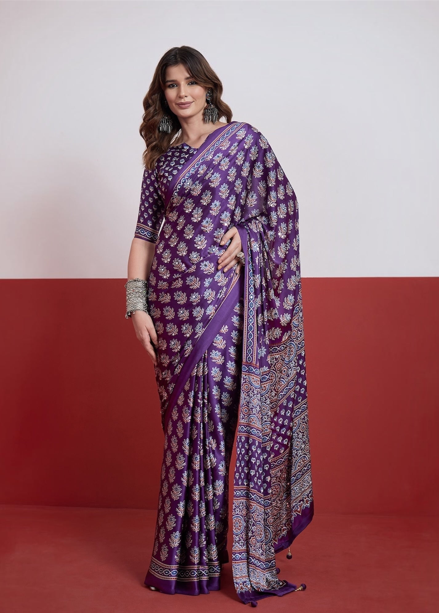 Purple Mirror Crepe Silk Ready To Wear/Easy Saree by Stylebypanaash 