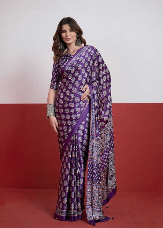 Purple Mirror Crepe Silk Ready To Wear/Easy Saree by Stylebypanaash 