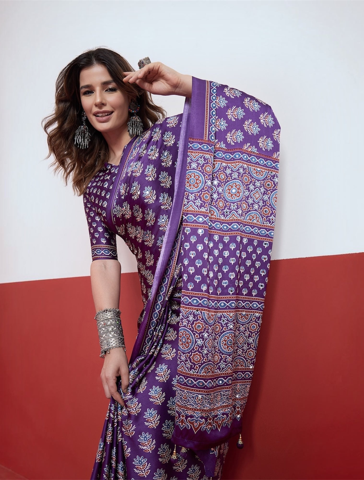 Purple Mirror Crepe Silk Ready To Wear/Easy Saree by Stylebypanaash 