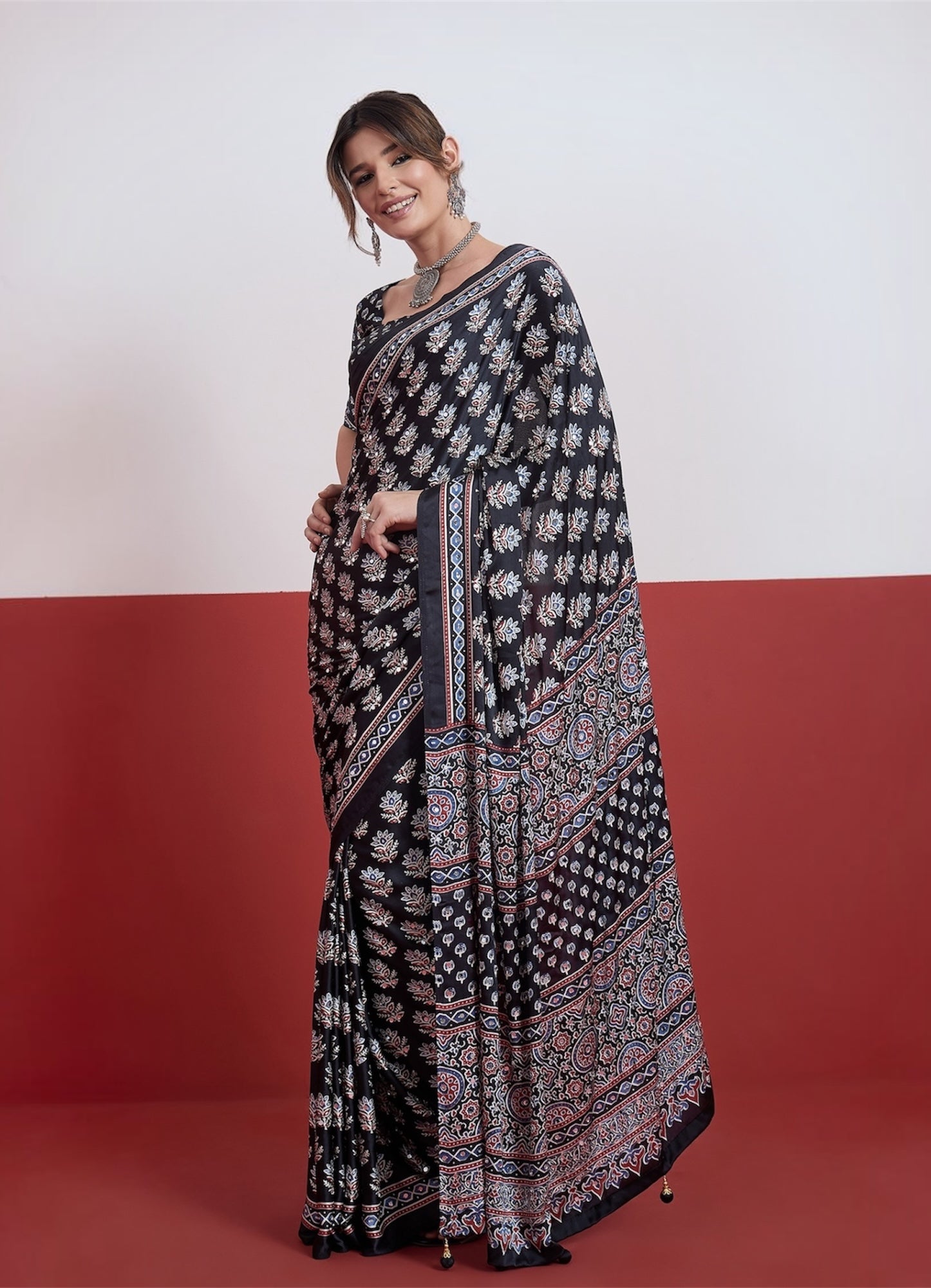 Black Mirror Crepe Silk Ready To Wear/Easy Saree by Stylebypanaash 