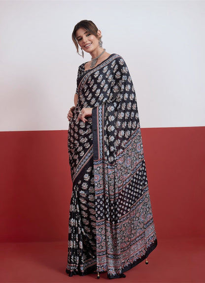 Black Mirror Crepe Silk Ready To Wear/Easy Saree by Stylebypanaash 