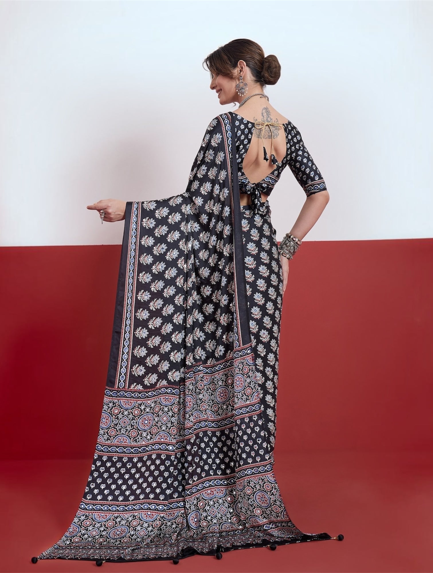 Black Mirror Crepe Silk Ready To Wear/Easy Saree by Stylebypanaash 