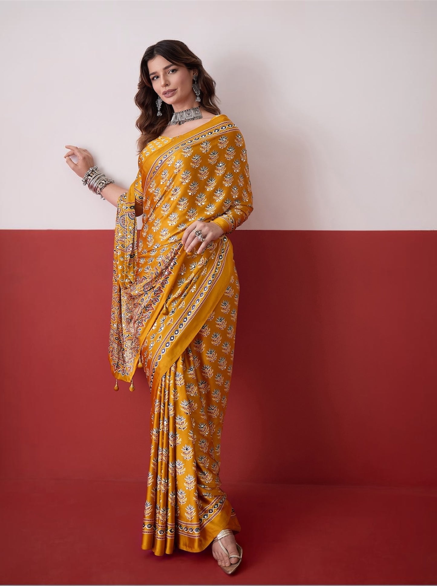 Yellow Mirror Crepe Silk Ready To Wear/Easy Saree by Stylebypanaash 