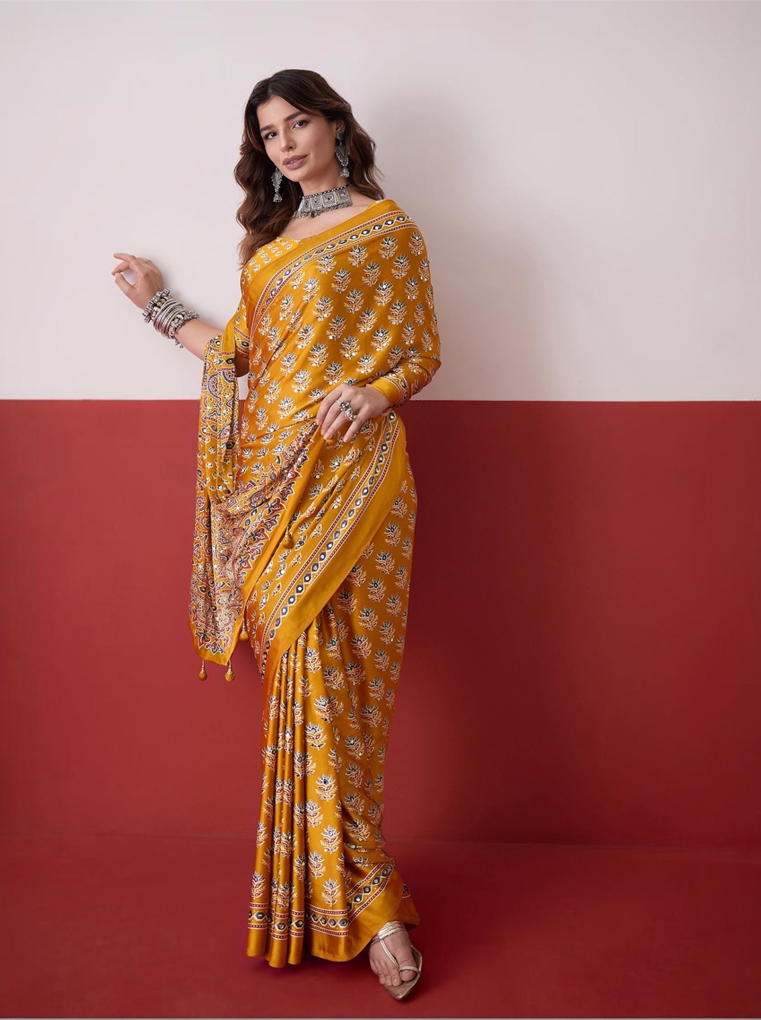 Yellow Mirror Crepe Silk Ready To Wear/Easy Saree by Stylebypanaash 