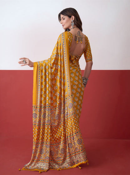 Yellow Mirror Crepe Silk Ready To Wear/Easy Saree by Stylebypanaash 
