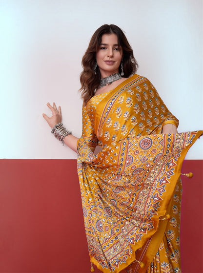 Yellow Mirror Crepe Silk Ready To Wear/Easy Saree by Stylebypanaash 