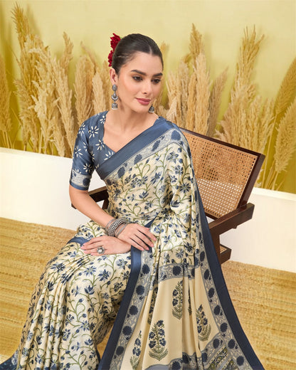 Ivory and blue crepe silk easy saree, printed floral pattern with navy border