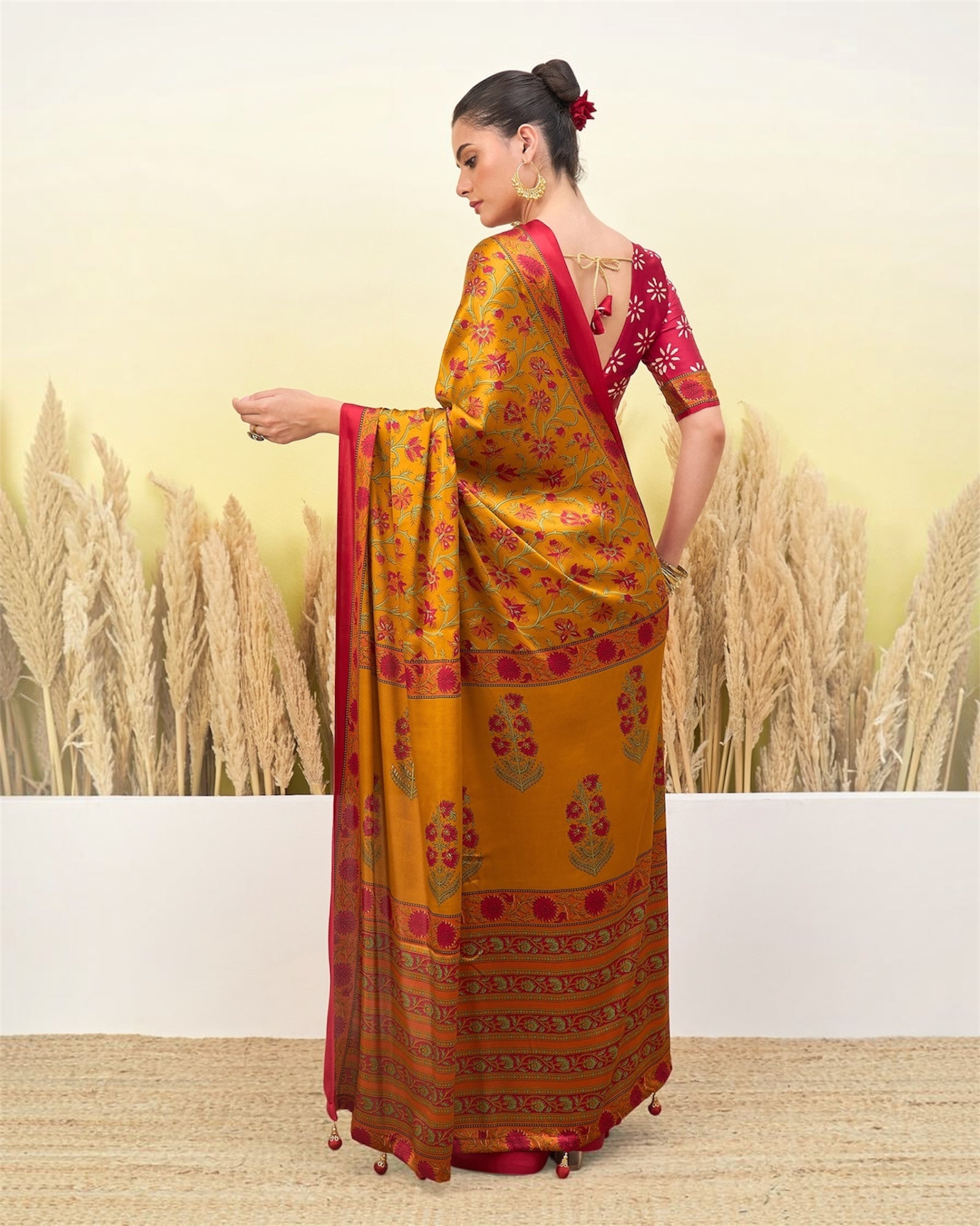 Mustard and pink crepe silk ready-to-wear saree with floral print, short-sleeve blouse