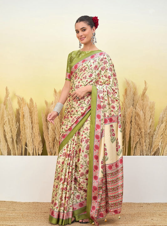 Ivory crepe silk saree with green border and red floral print, draped back view.