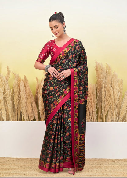Black crepe silk easy saree with pink floral blouse and wide pink-gold border, front view