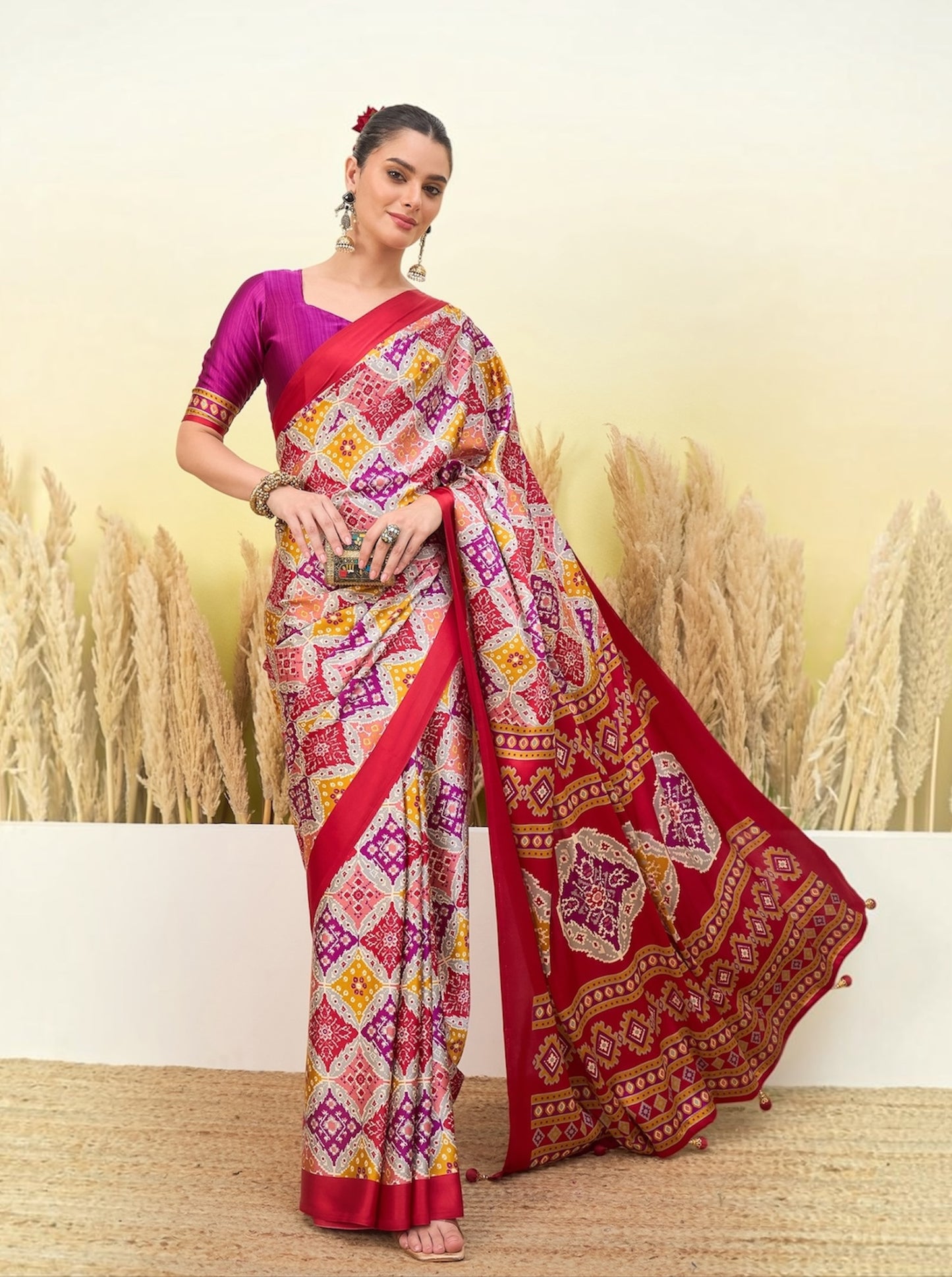 Ivory & Red Crepe Silk Ready To Wear/Easy Saree by Stylebypanaash 