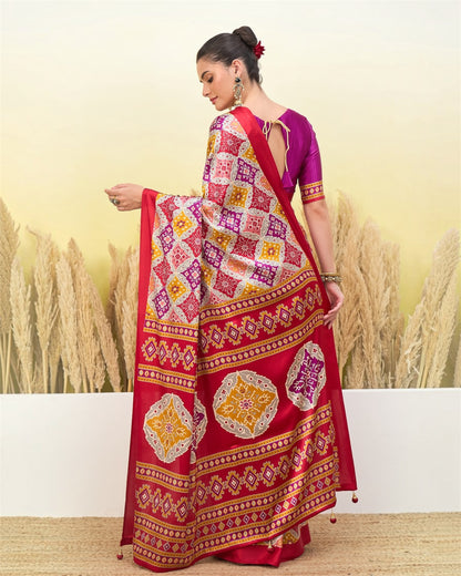 Ivory & Red Crepe Silk Ready To Wear/Easy Saree by Stylebypanaash 