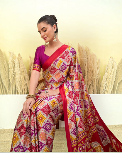 Ivory & Red Crepe Silk Ready To Wear/Easy Saree by Stylebypanaash 