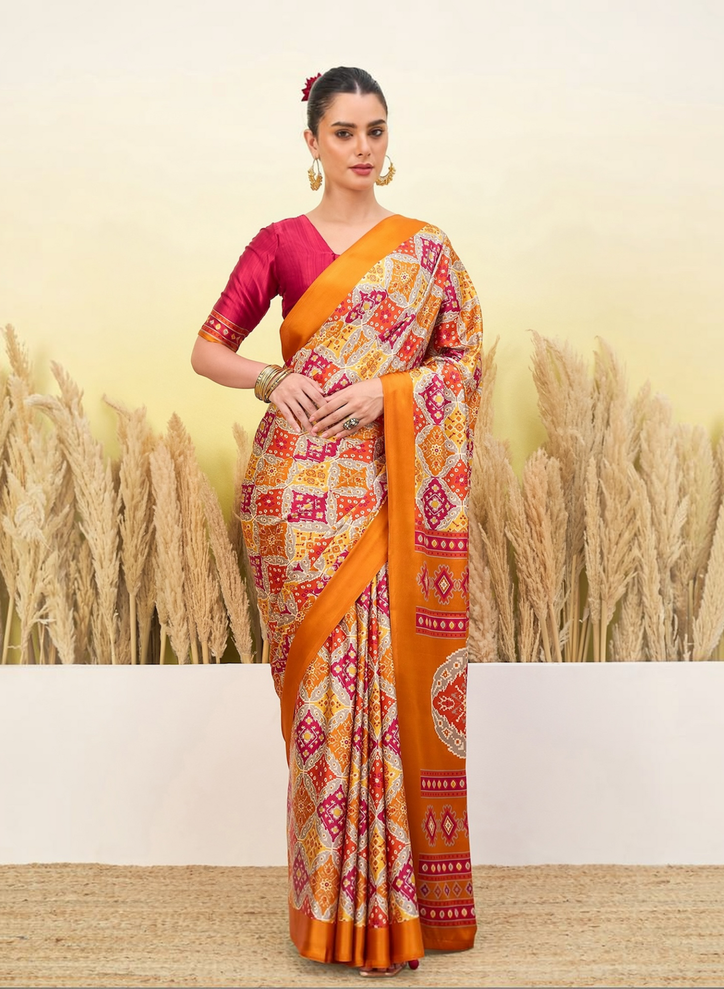 Ivory & Orange Crepe Silk Ready To Wear/Easy Saree by Stylebypanaash 