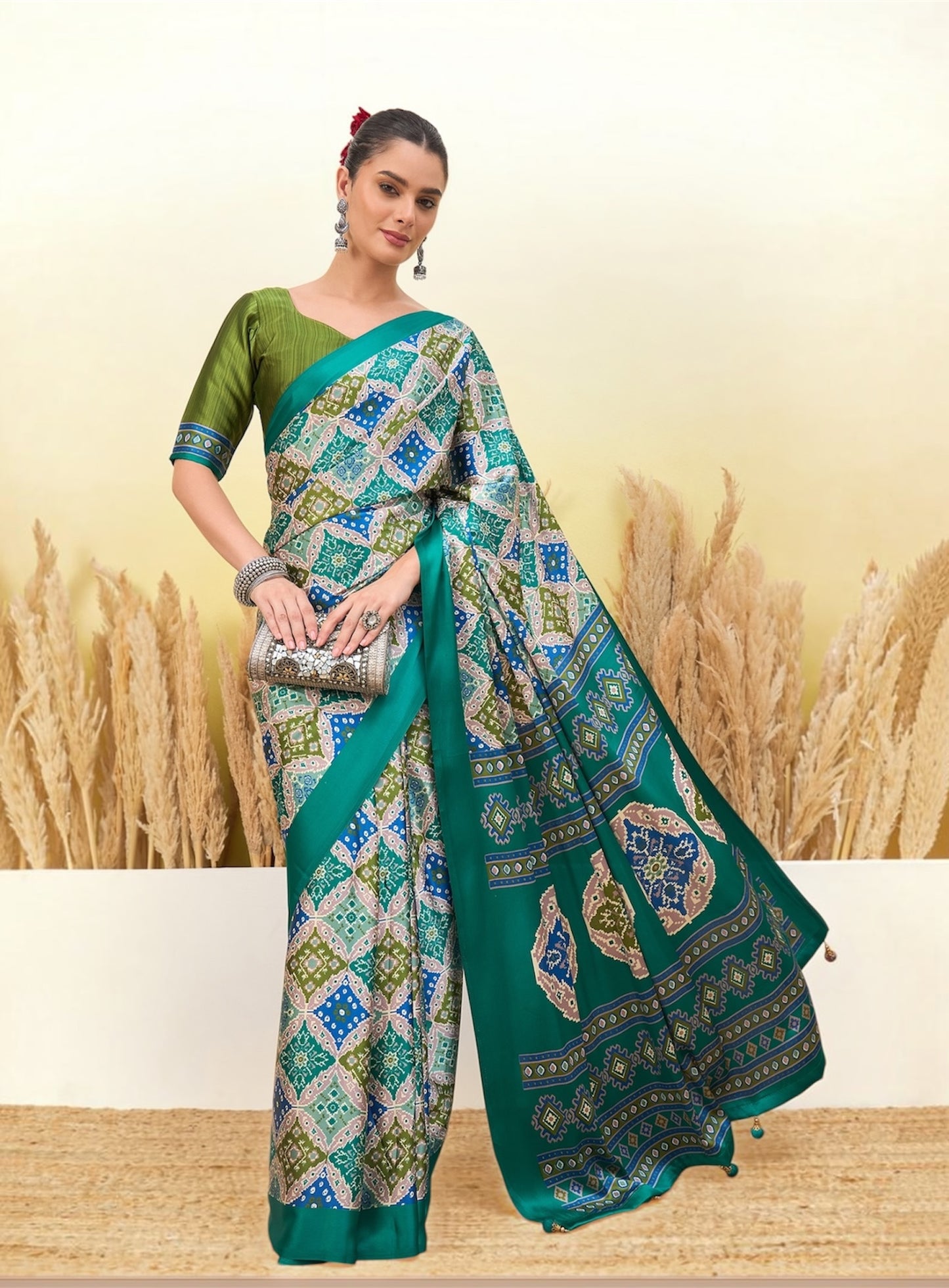 Ivory & Turquoise Crepe Silk Ready To Wear/Easy Saree by Stylebypanaash 