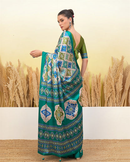 Ivory & Turquoise Crepe Silk Ready To Wear/Easy Saree by Stylebypanaash 