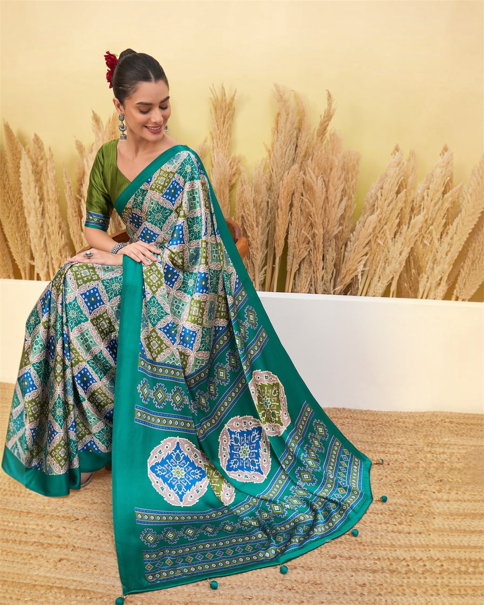 Ivory & Turquoise Crepe Silk Ready To Wear/Easy Saree by Stylebypanaash  