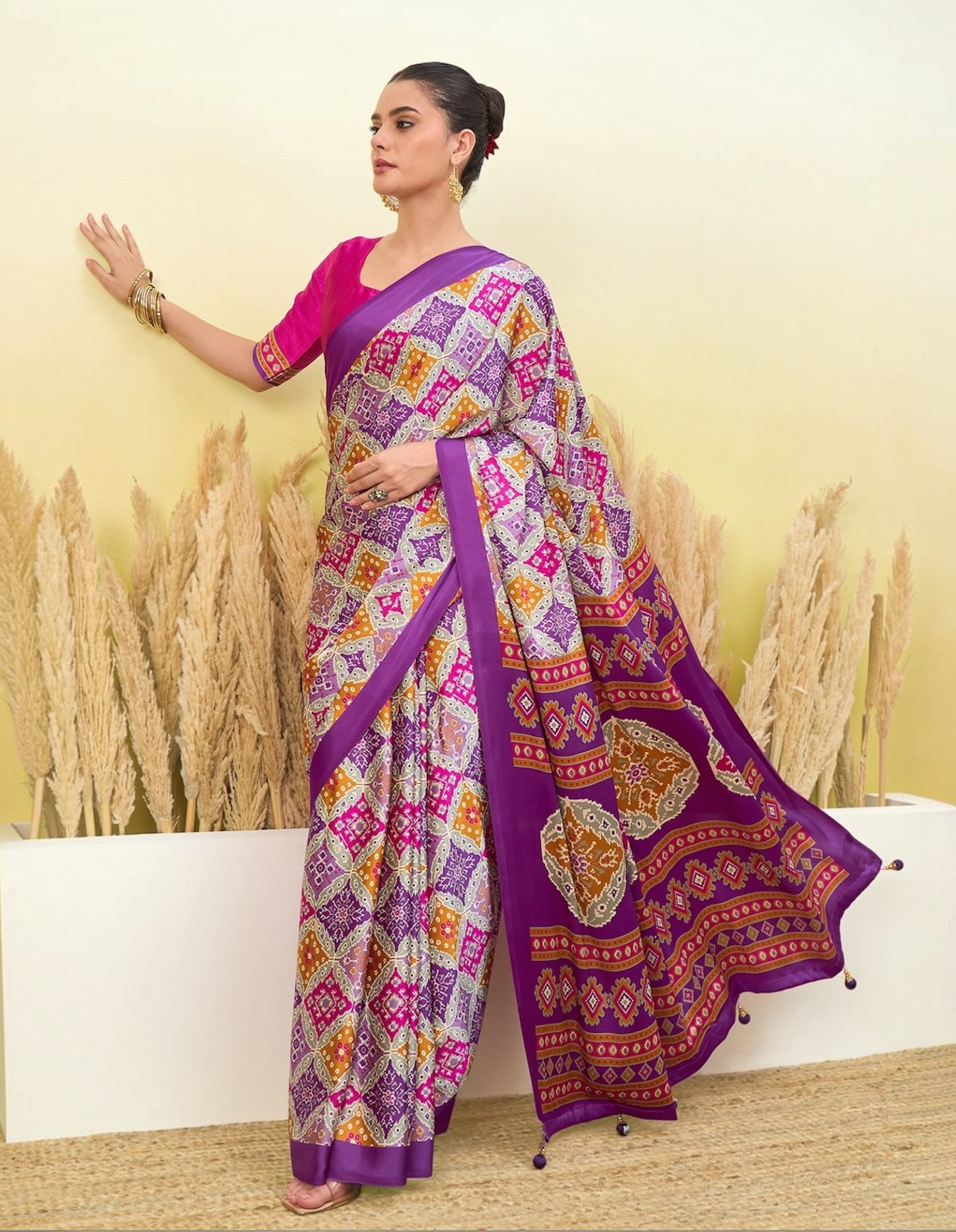 Ivory & Purple Crepe Silk Ready To Wear/Easy Saree by Stylebypanaash 