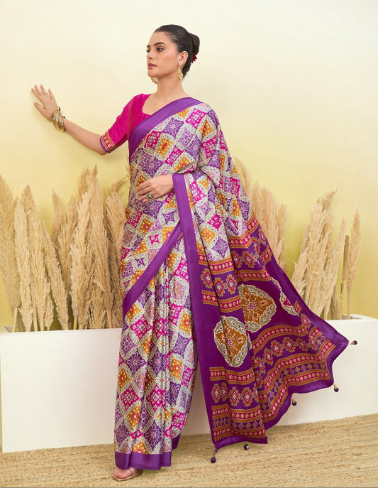 Women’s easy saree with multicolor geometric print and purple border, full-length drape