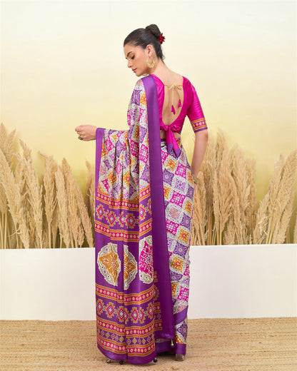 Ivory & Purple Crepe Silk Ready To Wear/Easy Saree by Stylebypanaash 