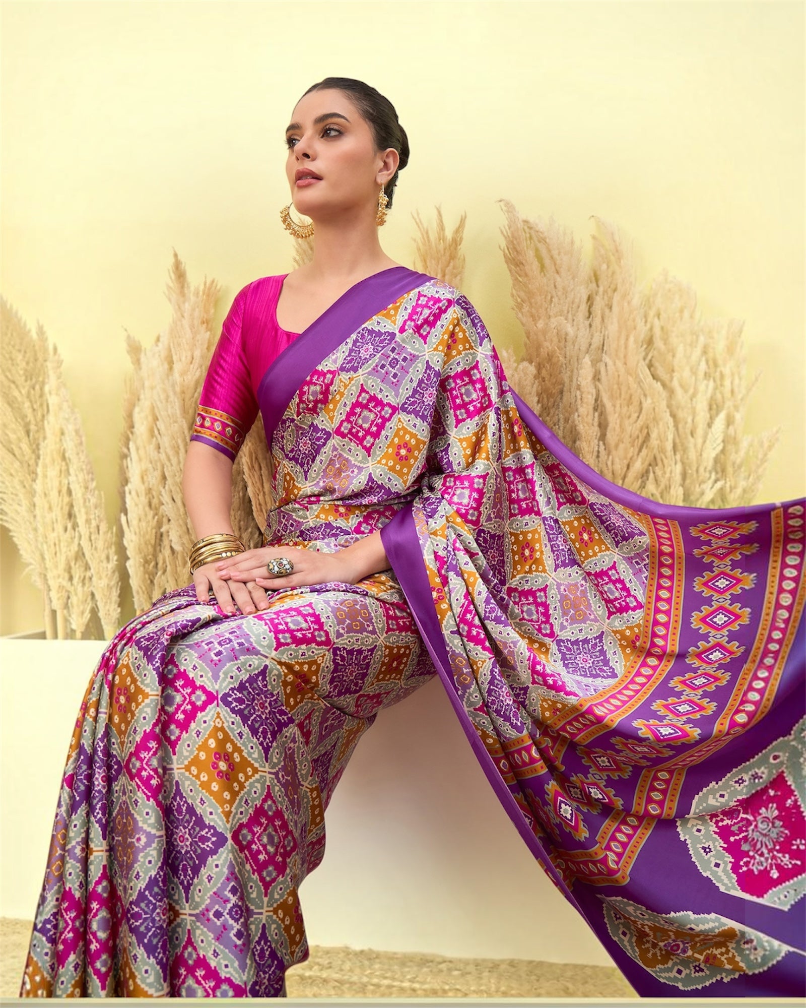 Ivory & Purple Crepe Silk Ready To Wear/Easy Saree by Stylebypanaash 