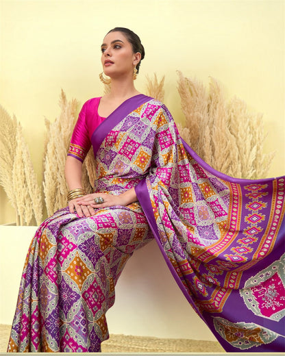 Ivory & Purple Crepe Silk Ready To Wear/Easy Saree by Stylebypanaash 