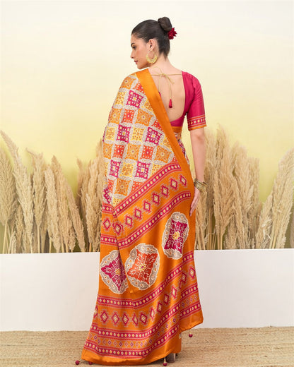 Ivory & Orange Crepe Silk Ready To Wear/Easy Saree by Stylebypanaash 