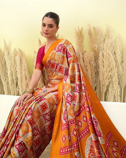 Ivory & Orange Crepe Silk Ready To Wear/Easy Saree by Stylebypanaash 
