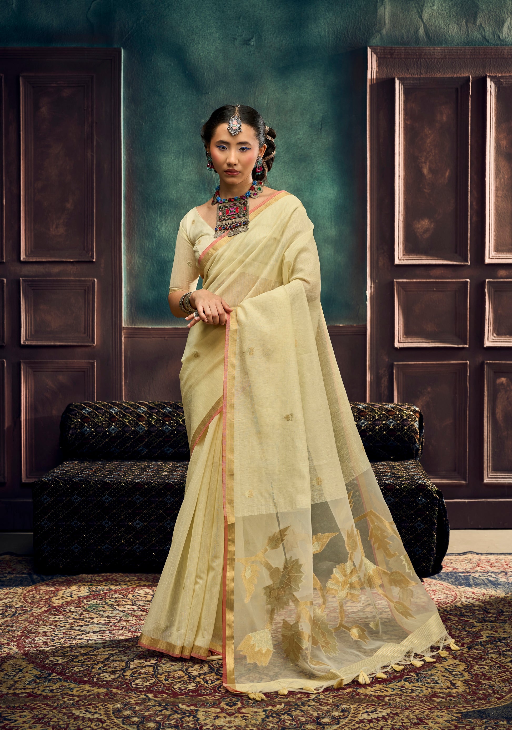Off White Munga Silk Ready To Wear/Easy Saree by Stylebypanaash