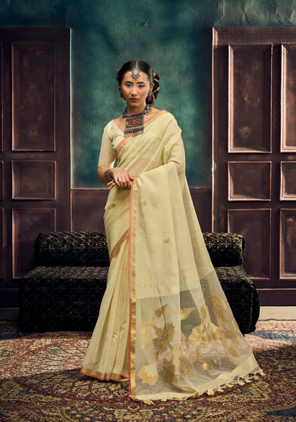 Off White Munga Silk Ready To Wear/Easy Saree by Stylebypanaash