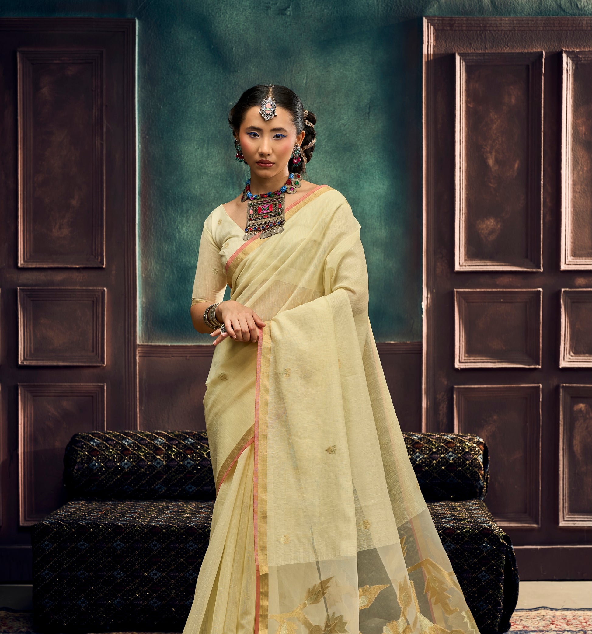 Off White Munga Silk Ready To Wear/Easy Saree by Stylebypanaash