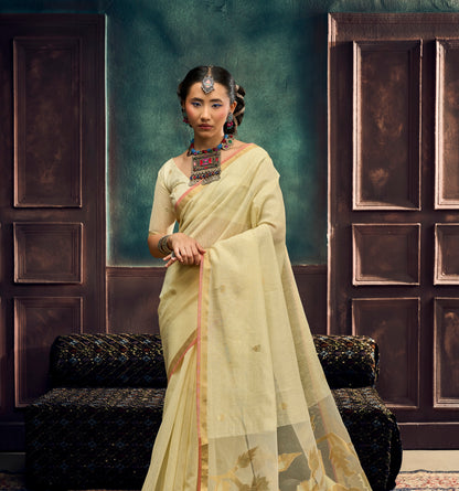 Off White Munga Silk Ready To Wear/Easy Saree by Stylebypanaash