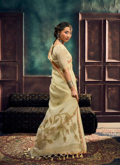 Off White Munga Silk Ready To Wear/Easy Saree by Stylebypanaash