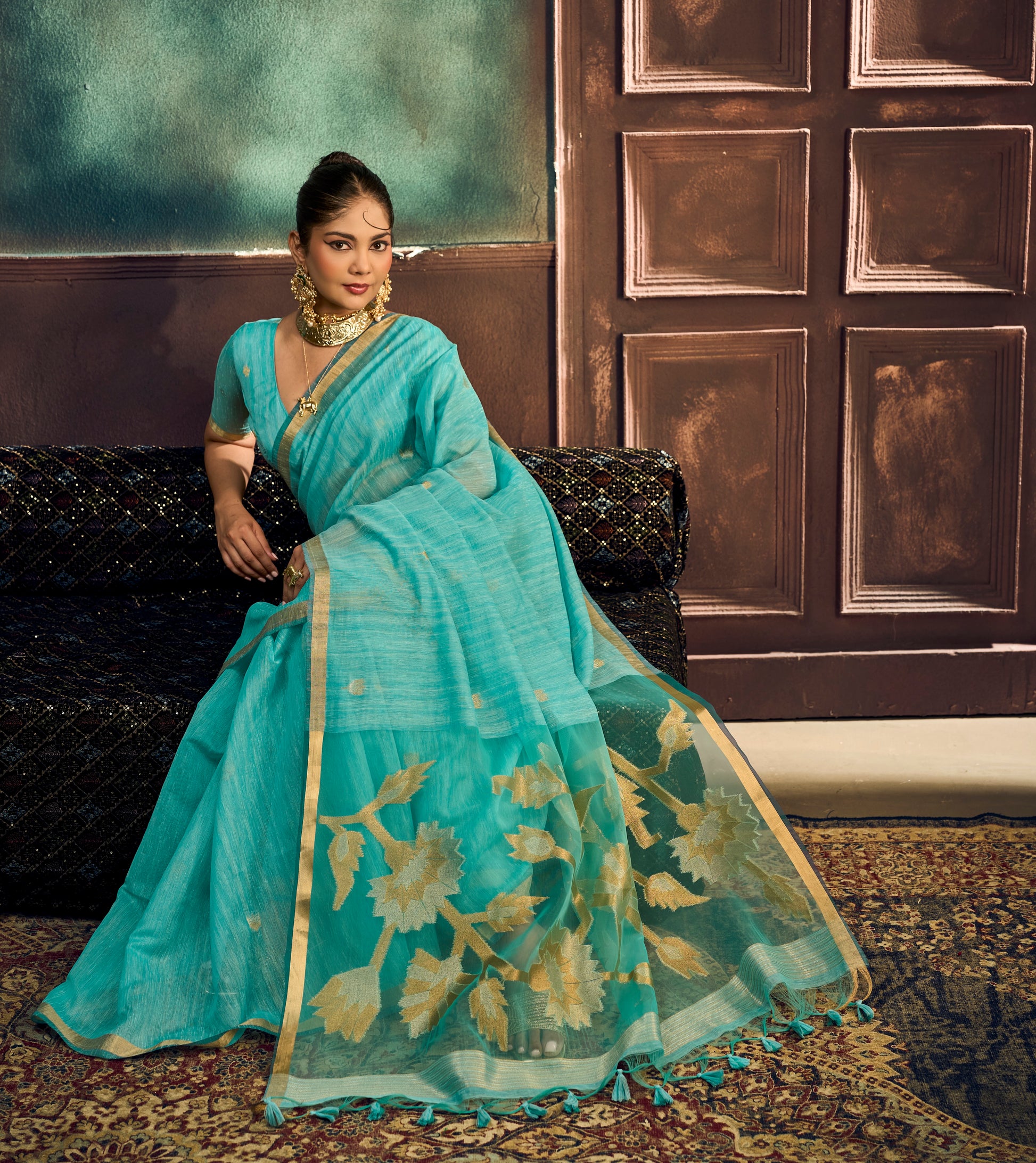 Turquoise Blue Munga Silk Ready To Wear/Easy Saree by tylebypanaash