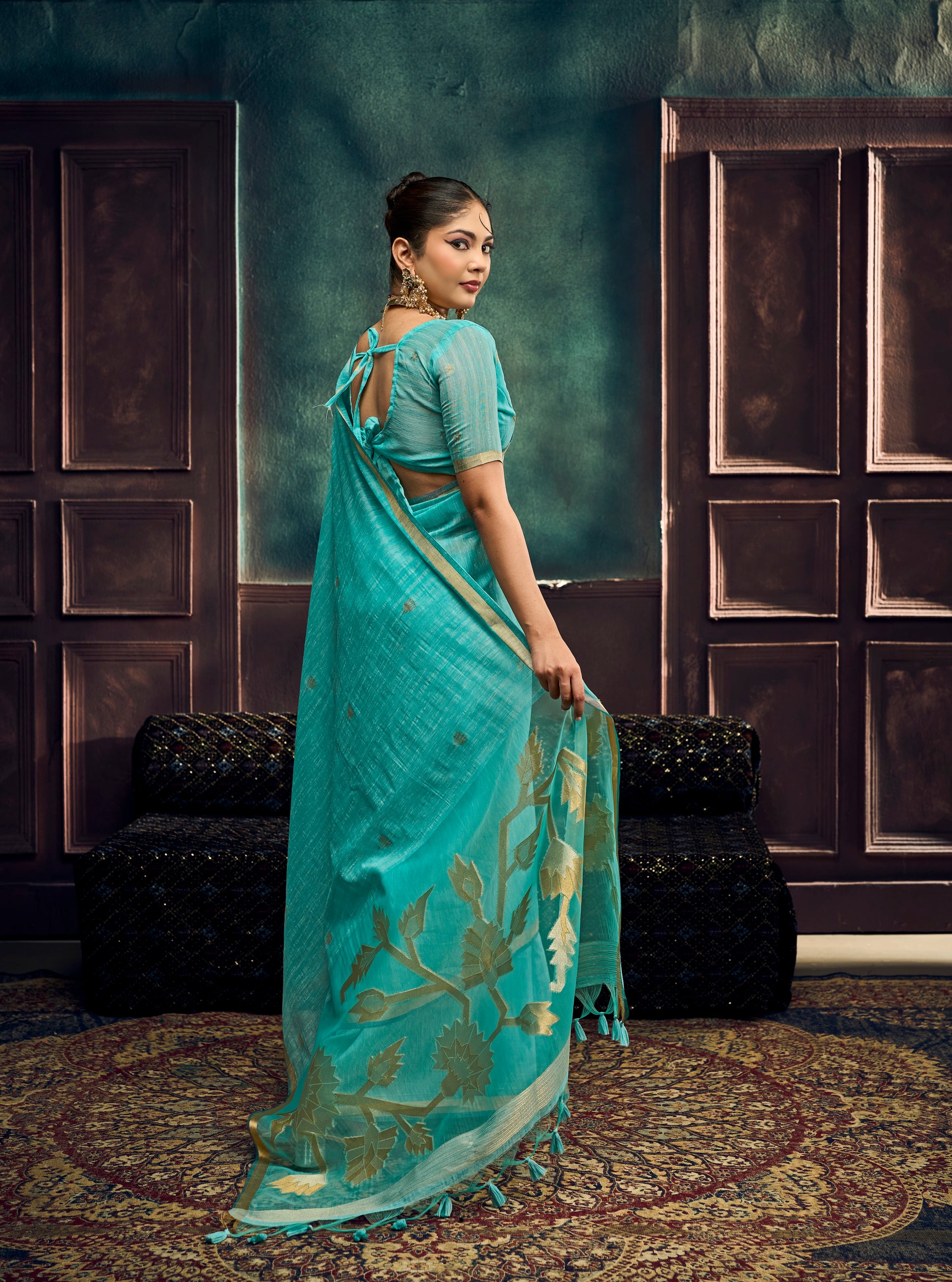 Turquoise Blue Munga Silk Ready To Wear/Easy Saree by Stylebypanaash
