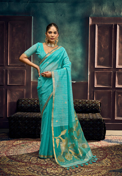 Turquoise Blue Munga Silk Ready To Wear/Easy Saree by Stylebypanaash