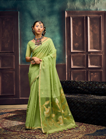 Pista Green Munga Silk Ready To Wear/Easy Saree by Stylebypanaash