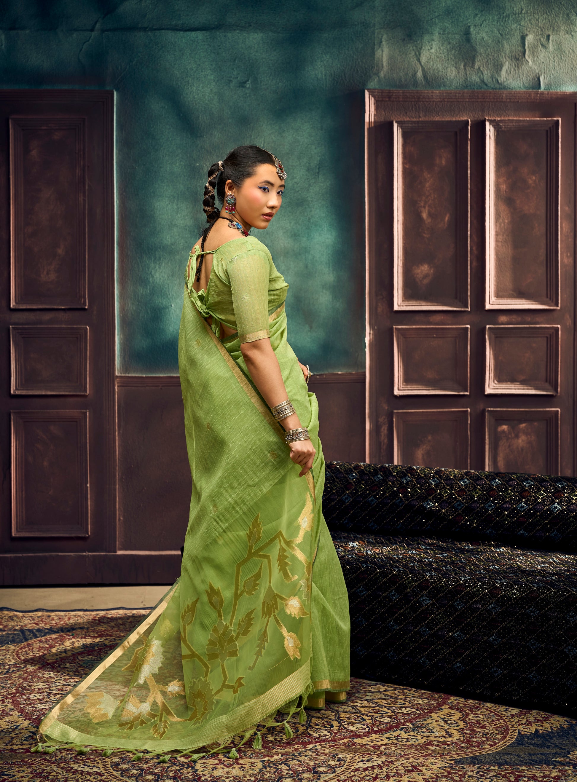 Pista Green Munga Silk Ready To Wear/Easy Saree by Stylebypanaash