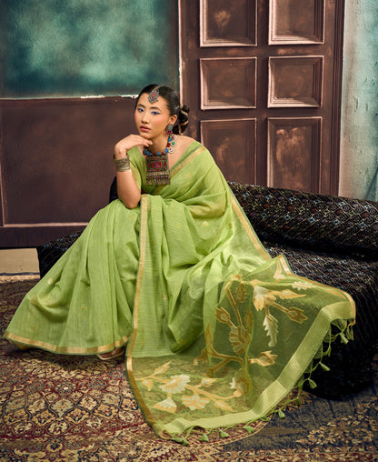 Pista Green Munga Silk Ready To Wear/Easy Saree by Stylebypanaash