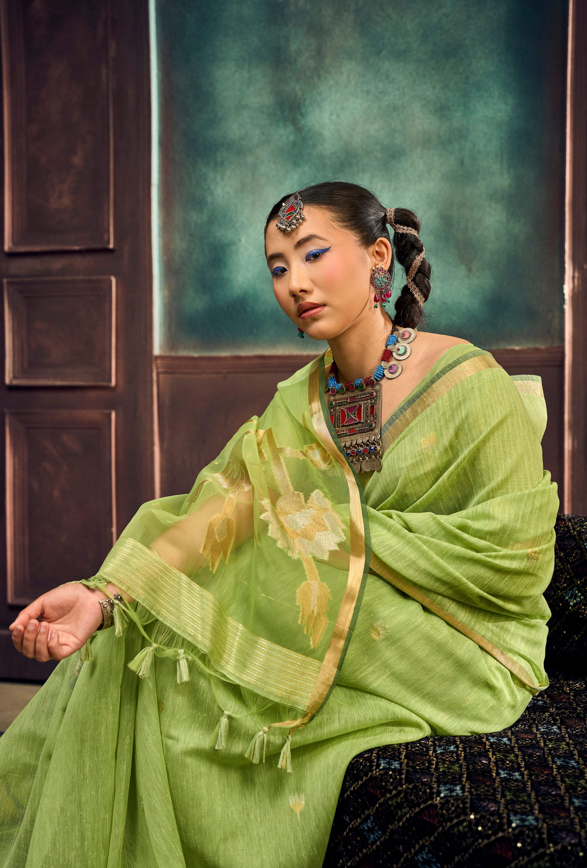 Pista Green Munga Silk Ready To Wear/Easy Saree by Stylebypanaash