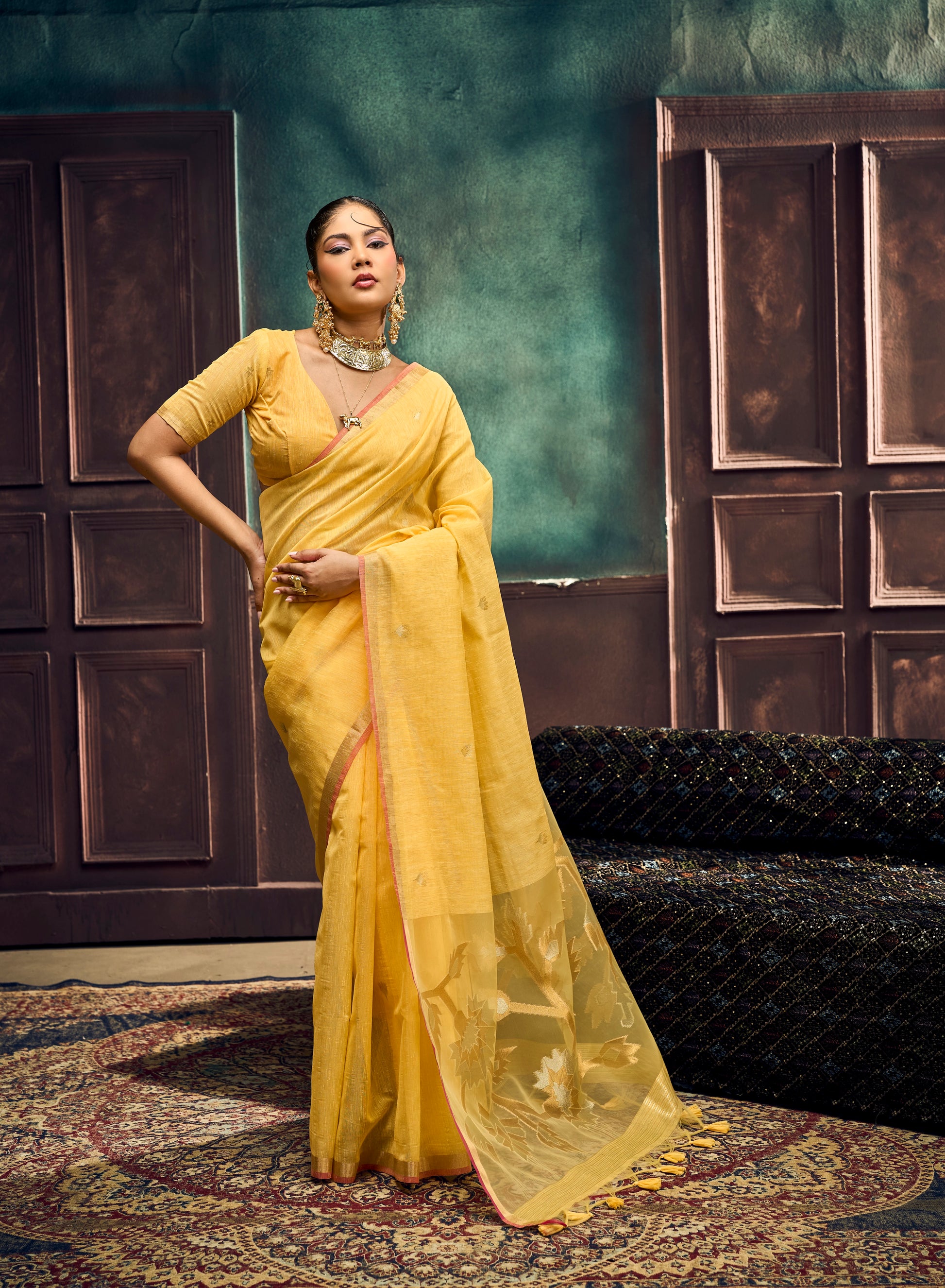 Pastel Yellow Munga Silk Ready To Wear/Easy Saree by Stylebypanaash