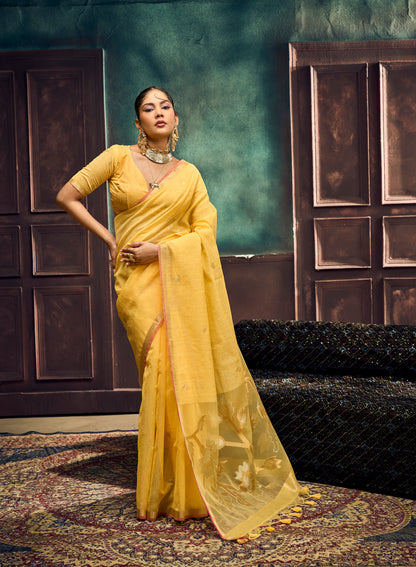 Pastel Yellow Munga Silk Ready To Wear/Easy Saree by Stylebypanaash